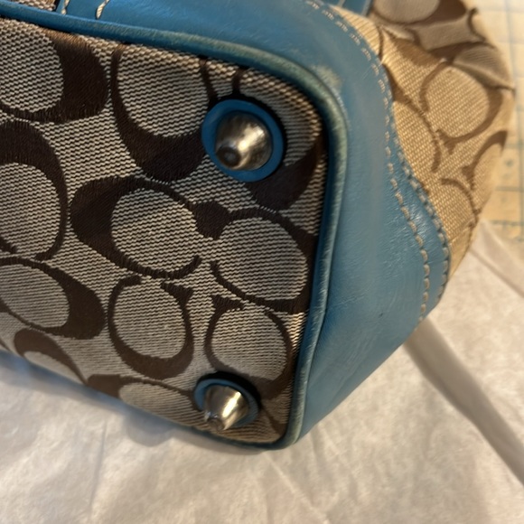 COACH HAMPTON SIGNATURE JACQUARD KHAKI/BROWN SATCHEL WITH TEAL LEATHER TRIM - Picture 10 of 12